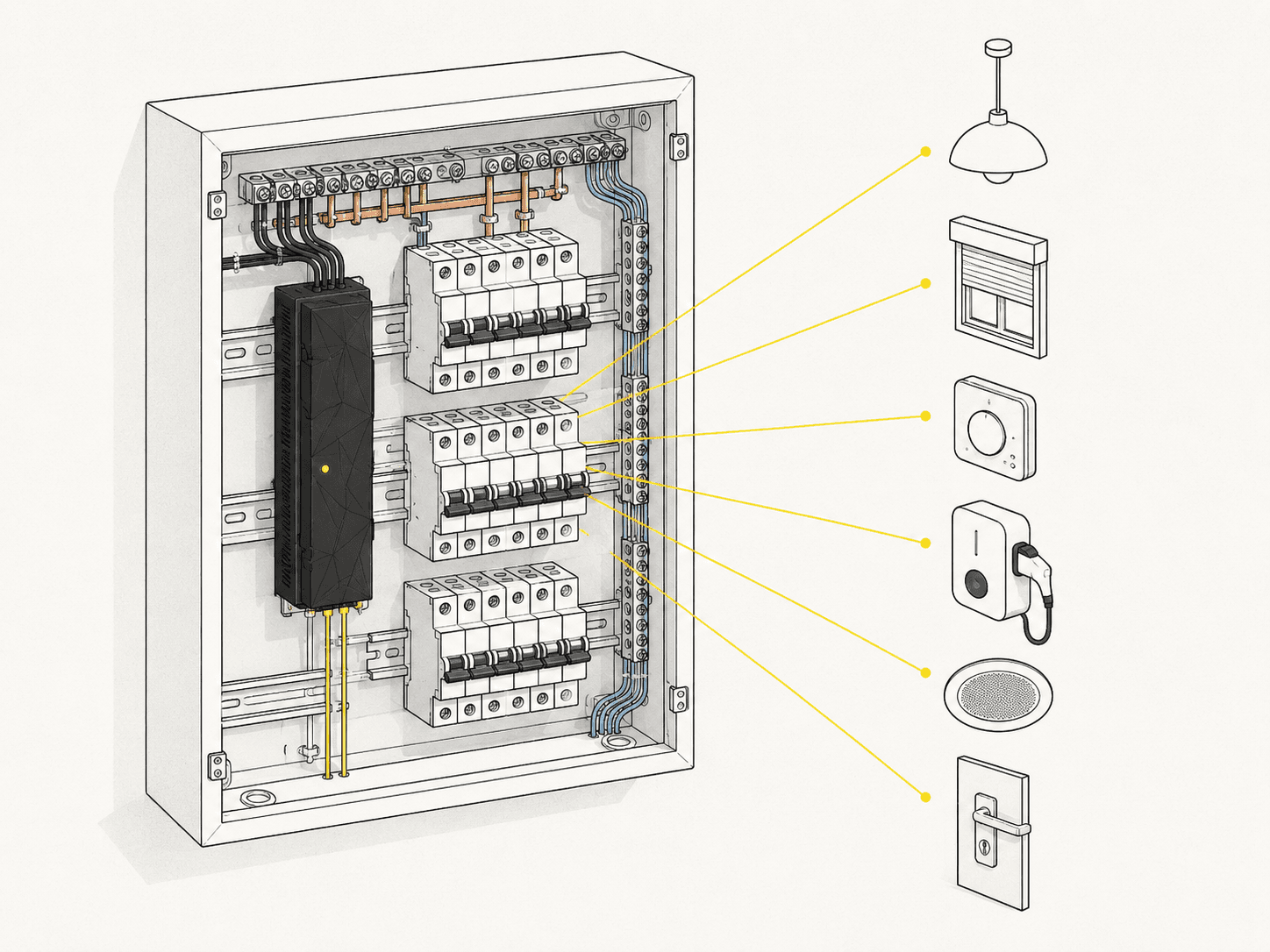 Loxone Miniserver im Sicherungskasten, mit Verbindungen zu Licht, Beschattung, Klima, Wallbox, Audio und Schließanlage